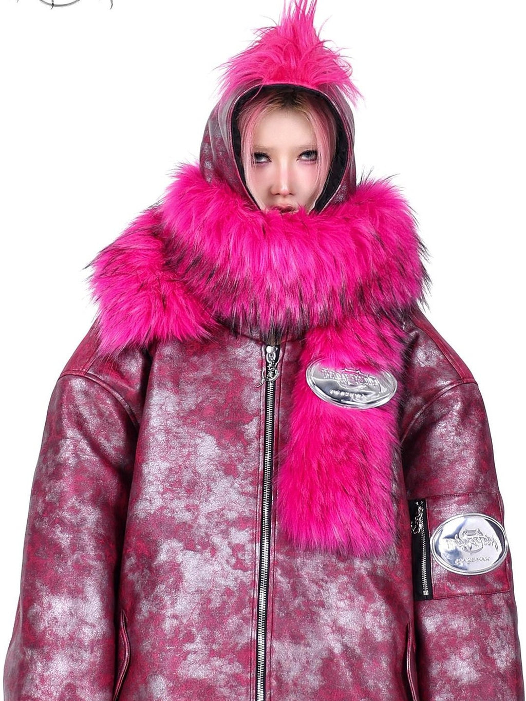 PINKSPINK Oversized Hooded Punk Crest Concept Polo Collar Zipper Women's Puffer Jackets