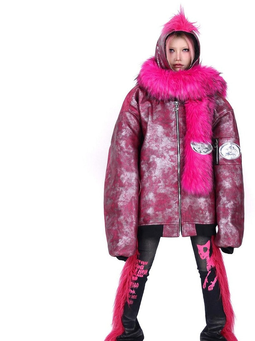 PINKSPINK Oversized Hooded Punk Crest Concept Polo Collar Zipper Women's Puffer Jackets