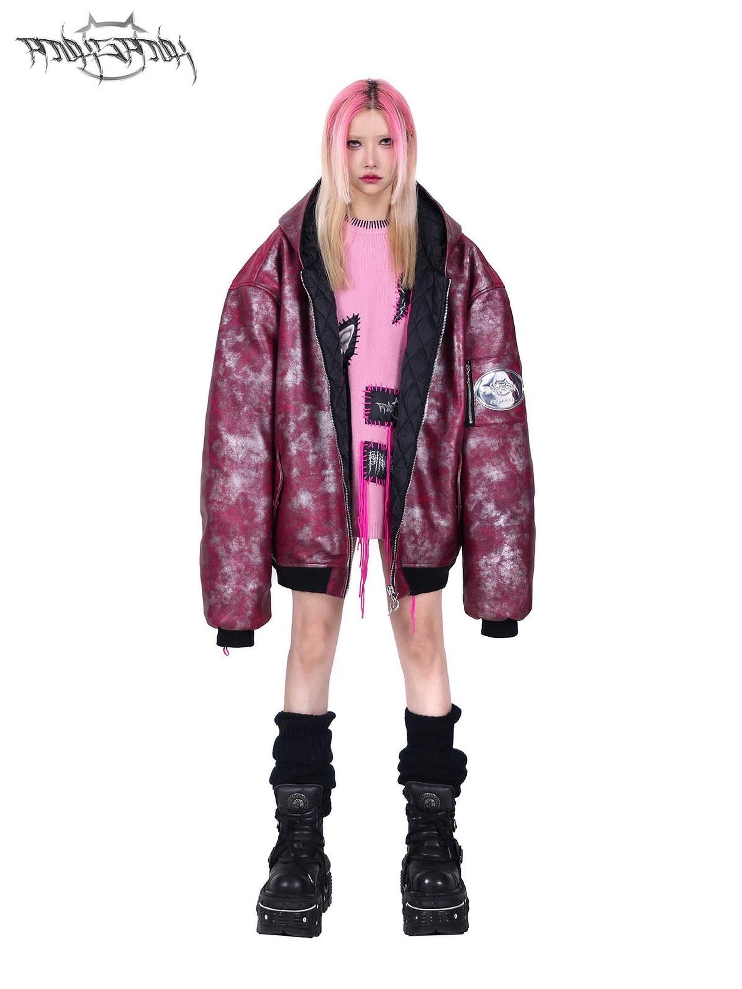 PINKSPINK Oversized Hooded Punk Crest Concept Polo Collar Zipper Women's Puffer Jackets