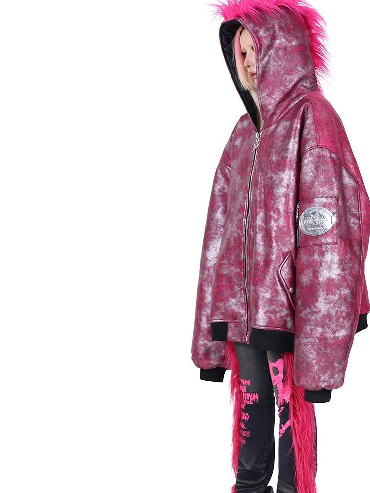 PINKSPINK Oversized Hooded Punk Crest Concept Polo Collar Zipper Women's Puffer Jackets