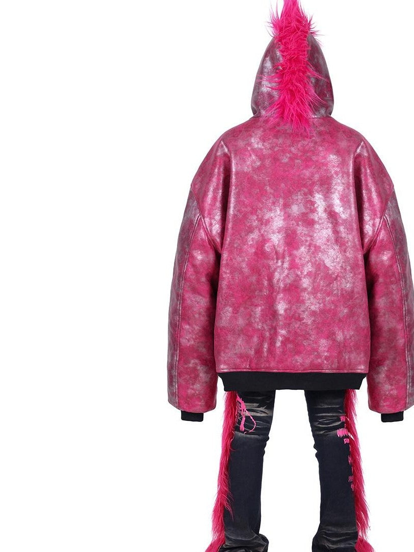 PINKSPINK Oversized Hooded Punk Crest Concept Polo Collar Zipper Women's Puffer Jackets