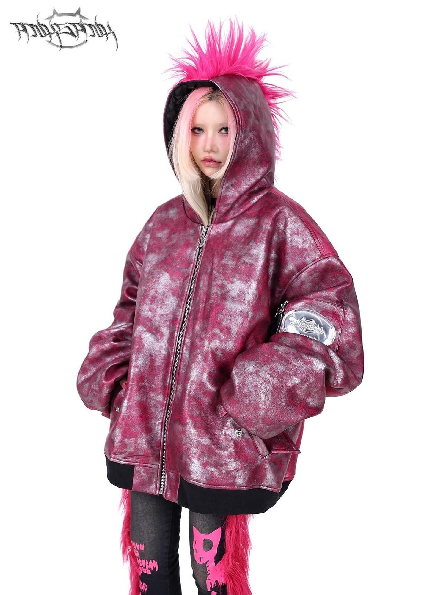 PINKSPINK Oversized Mohawk Hooded Punk Polo Collar Women's Airforce Cotton Puffer Jackets