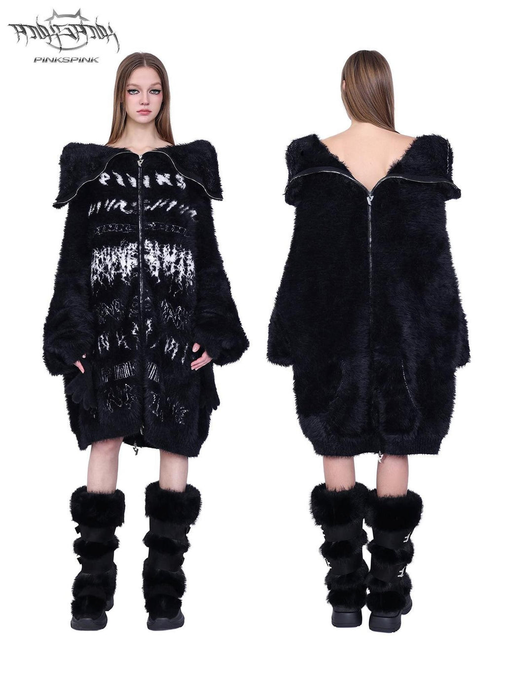 PINKSPINK Oversized Reversible Hooded Zip Front Gloves Women's Mink Knit Cardigans