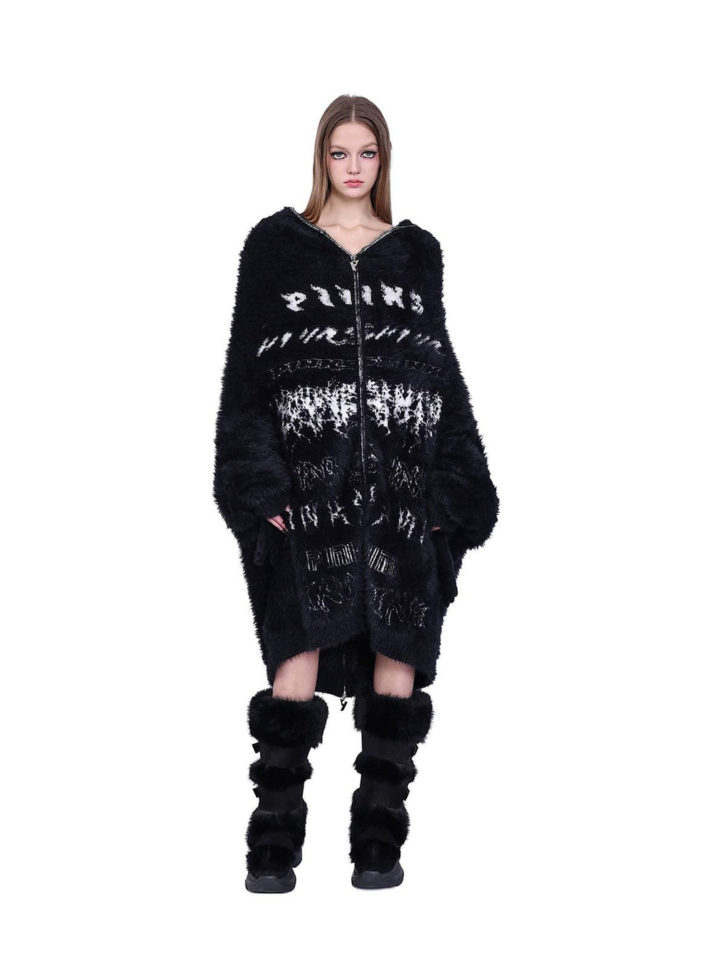 PINKSPINK Oversized Reversible Hooded Zip Front Gloves Women's Mink Knit Cardigans