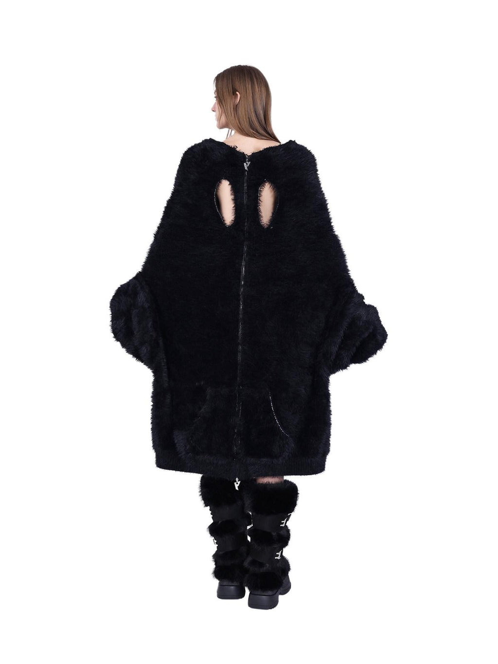 PINKSPINK Oversized Reversible Hooded Zip Front Gloves Women's Mink Knit Cardigans