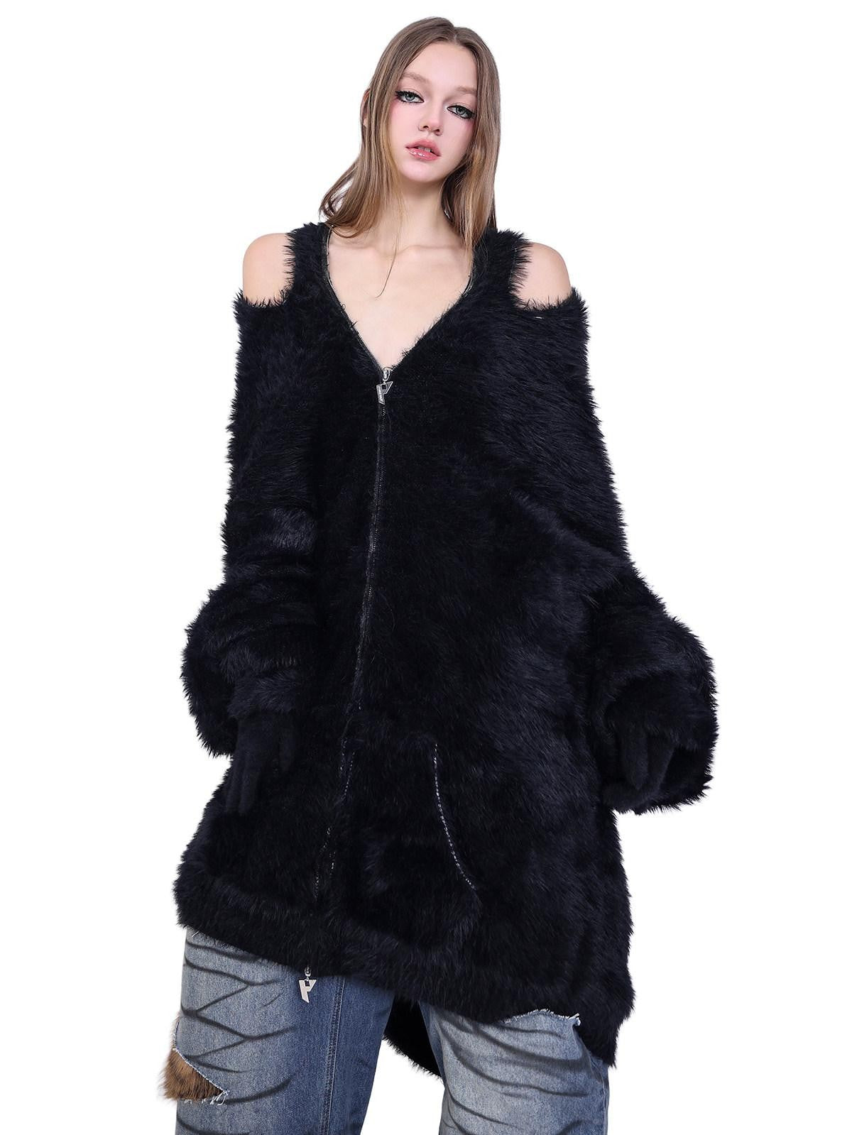 PINKSPINK Oversized Reversible Hooded Zip Front Gloves Women's Mink Knit Cardigans