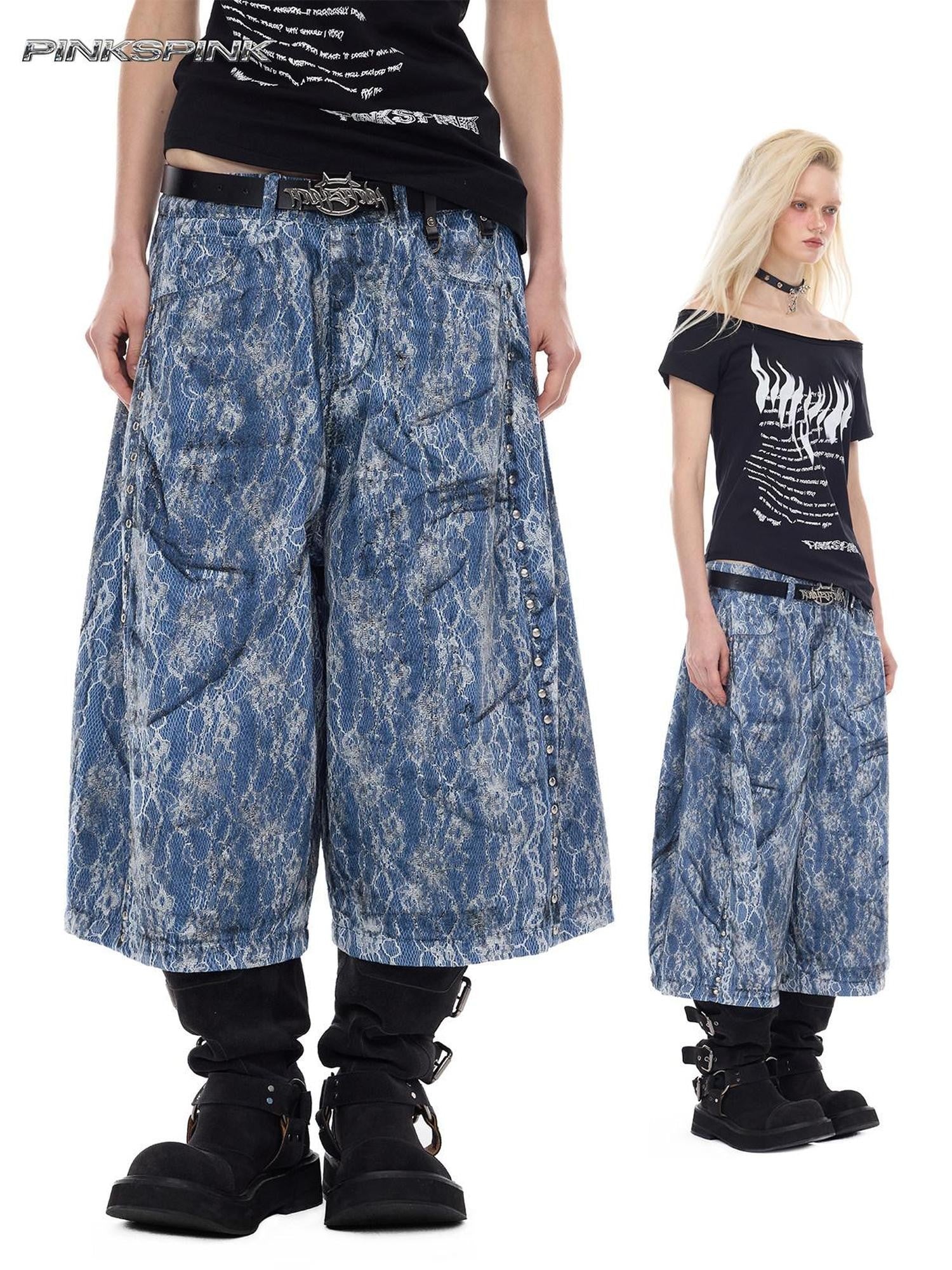 PINKSPINK Paint Splatter Rivet Lace Embroidered Coated Women's Cotton Cropped Jeans