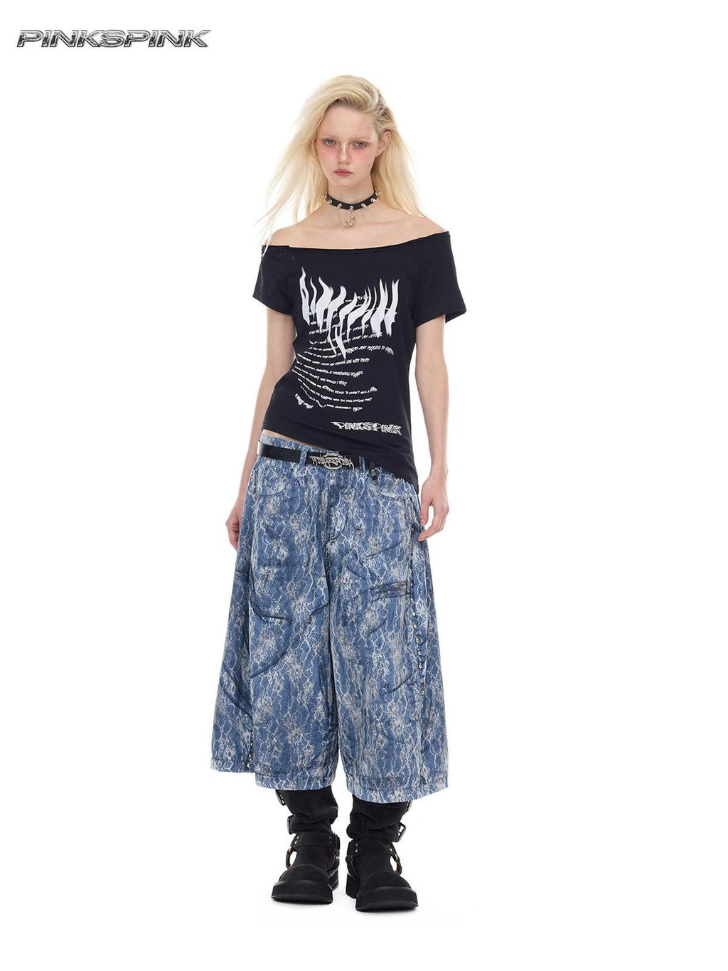 PINKSPINK Paint Splatter Rivet Lace Embroidered Coated Women's Cotton Cropped Jeans