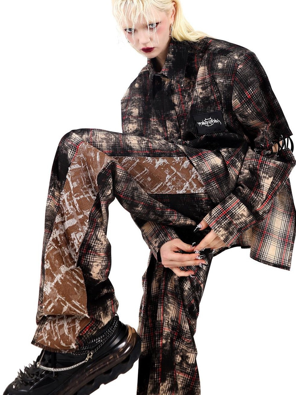 PINKSPINK Painted Brown Check Patchwork Street Zipper Women's Wide-leg Pants