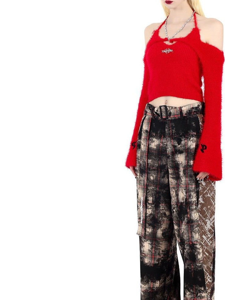 PINKSPINK Painted Brown Check Patchwork Street Zipper Women's Wide-leg Pants