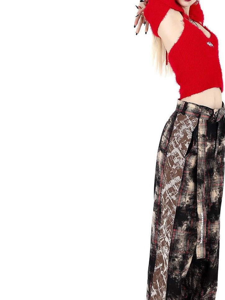 PINKSPINK Painted Brown Check Patchwork Street Zipper Women's Wide-leg Pants