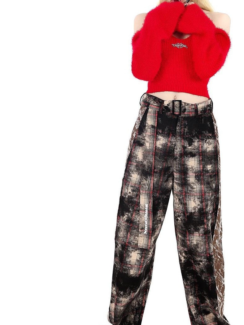 PINKSPINK Painted Brown Check Patchwork Street Zipper Women's Wide-leg Pants