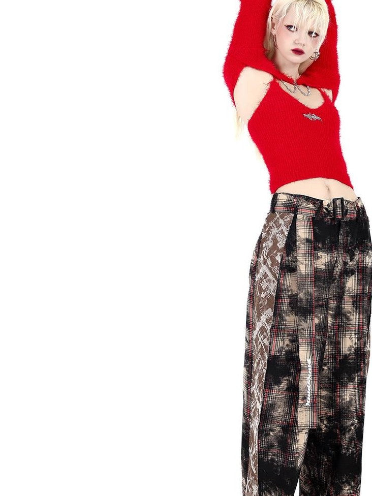 PINKSPINK Painted Brown Check Patchwork Street Zipper Women's Wide-leg Pants