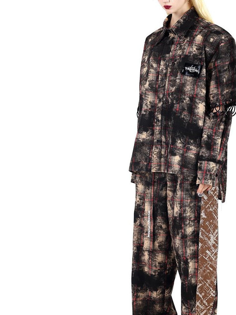 PINKSPINK Painted Brown Check Patchwork Street Zipper Women's Wide-leg Pants
