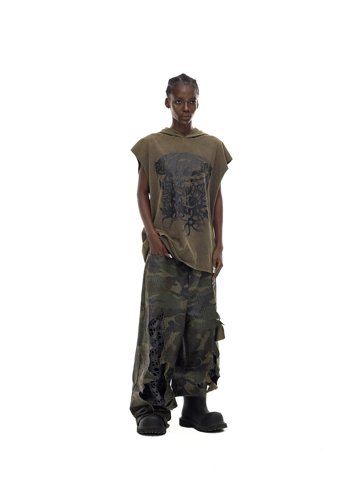 PINKSPINK Painted Camo Double Layer Stacked Distressed Low Waist Women's Denim Baggy Jeans