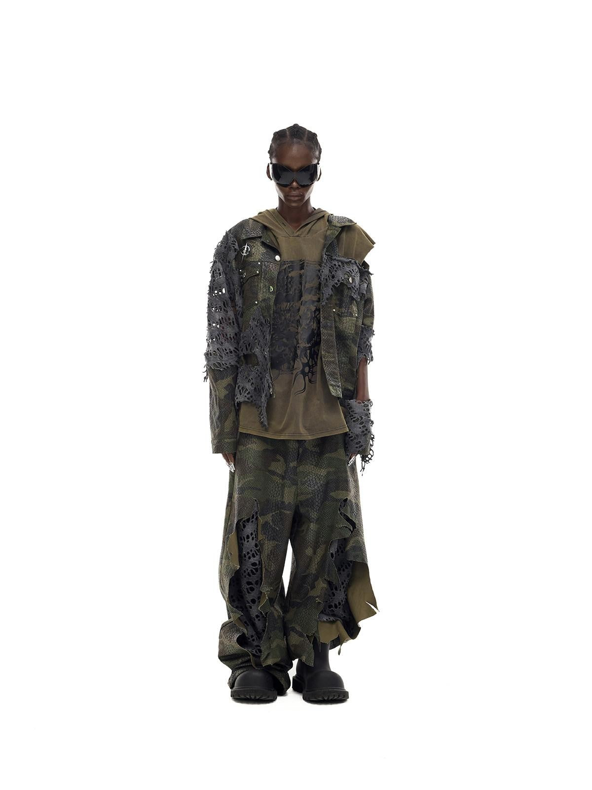 PINKSPINK Painted Camo Double Layer Stacked Distressed Low Waist Women's Denim Baggy Jeans