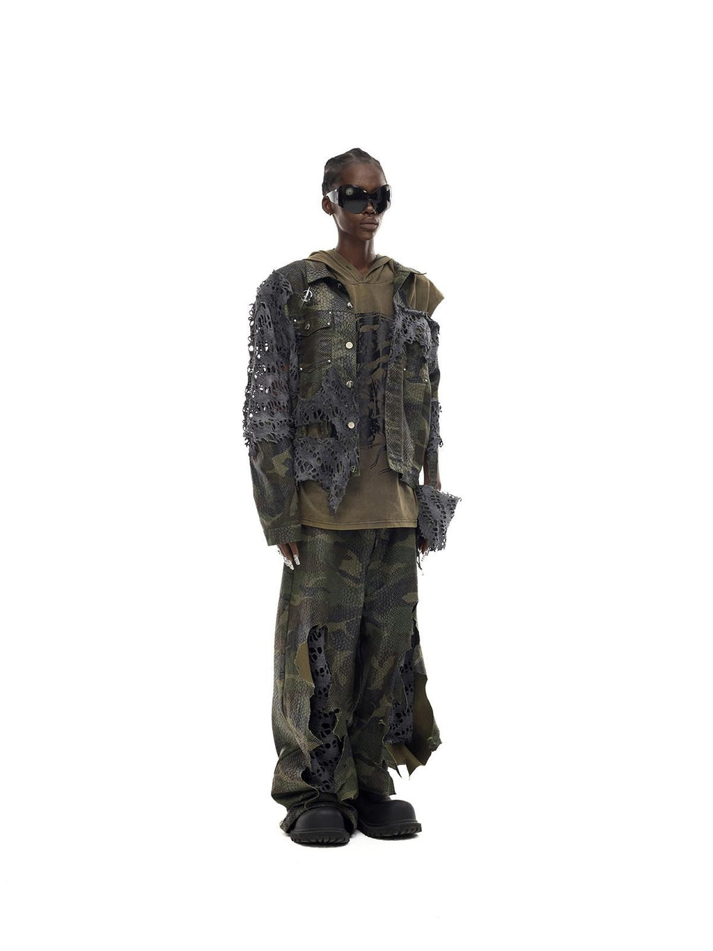 PINKSPINK Painted Camo Double Layer Stacked Distressed Low Waist Women's Denim Baggy Jeans