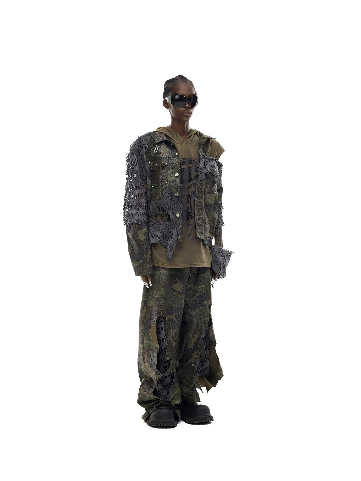 PINKSPINK Painted Camo Double Layer Stacked Distressed Low Waist Women's Denim Baggy Jeans