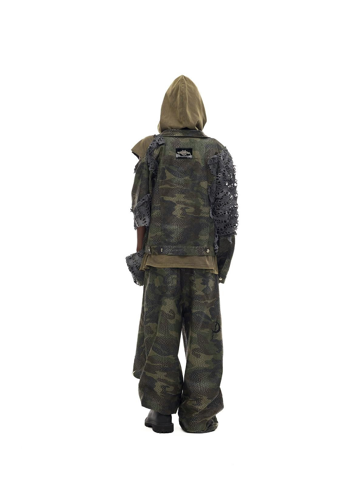 PINKSPINK Painted Camo Double Layer Stacked Distressed Low Waist Women's Denim Baggy Jeans