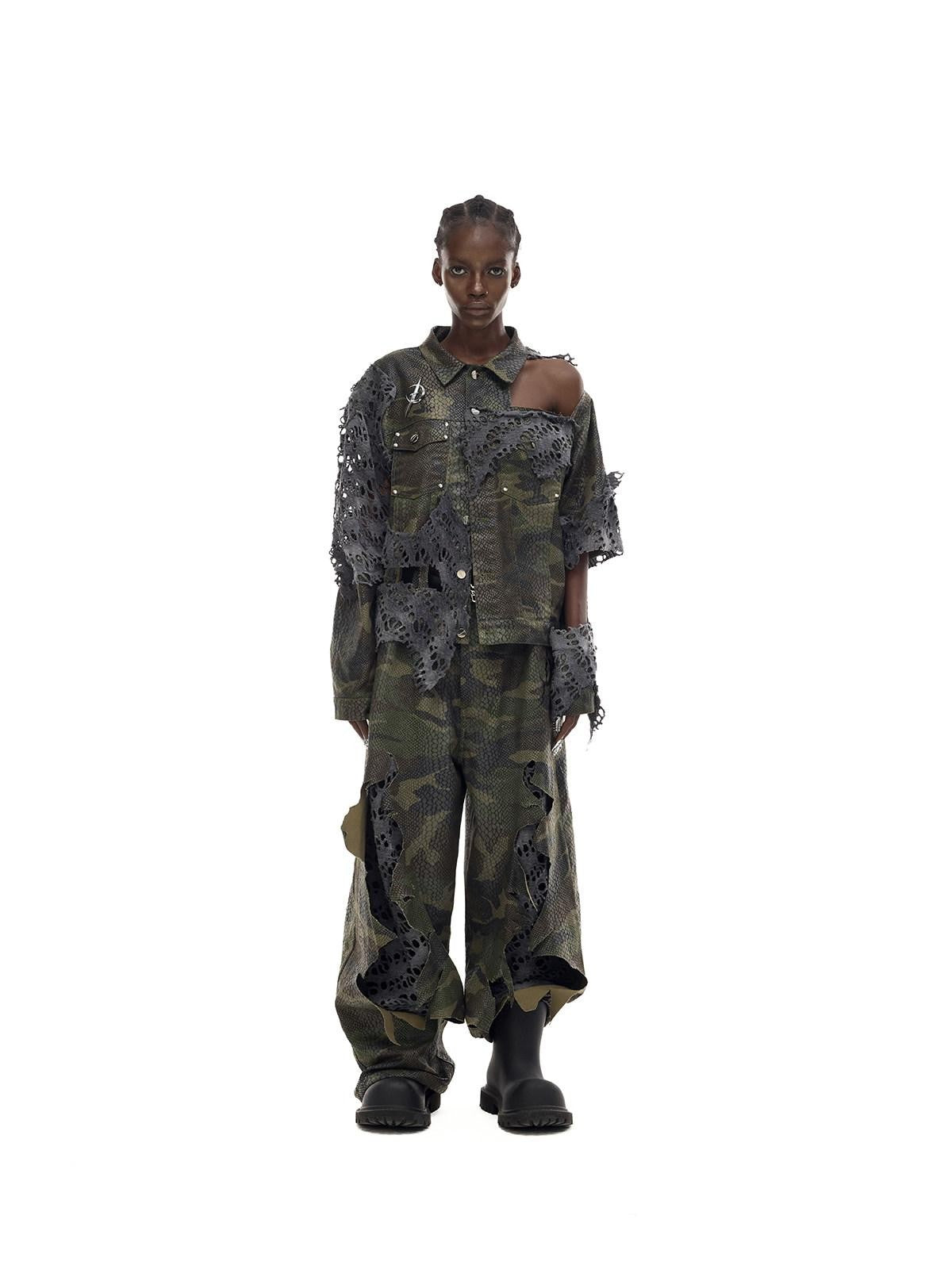 PINKSPINK Painted Camo Double Layer Stacked Distressed Low Waist Women's Denim Baggy Jeans