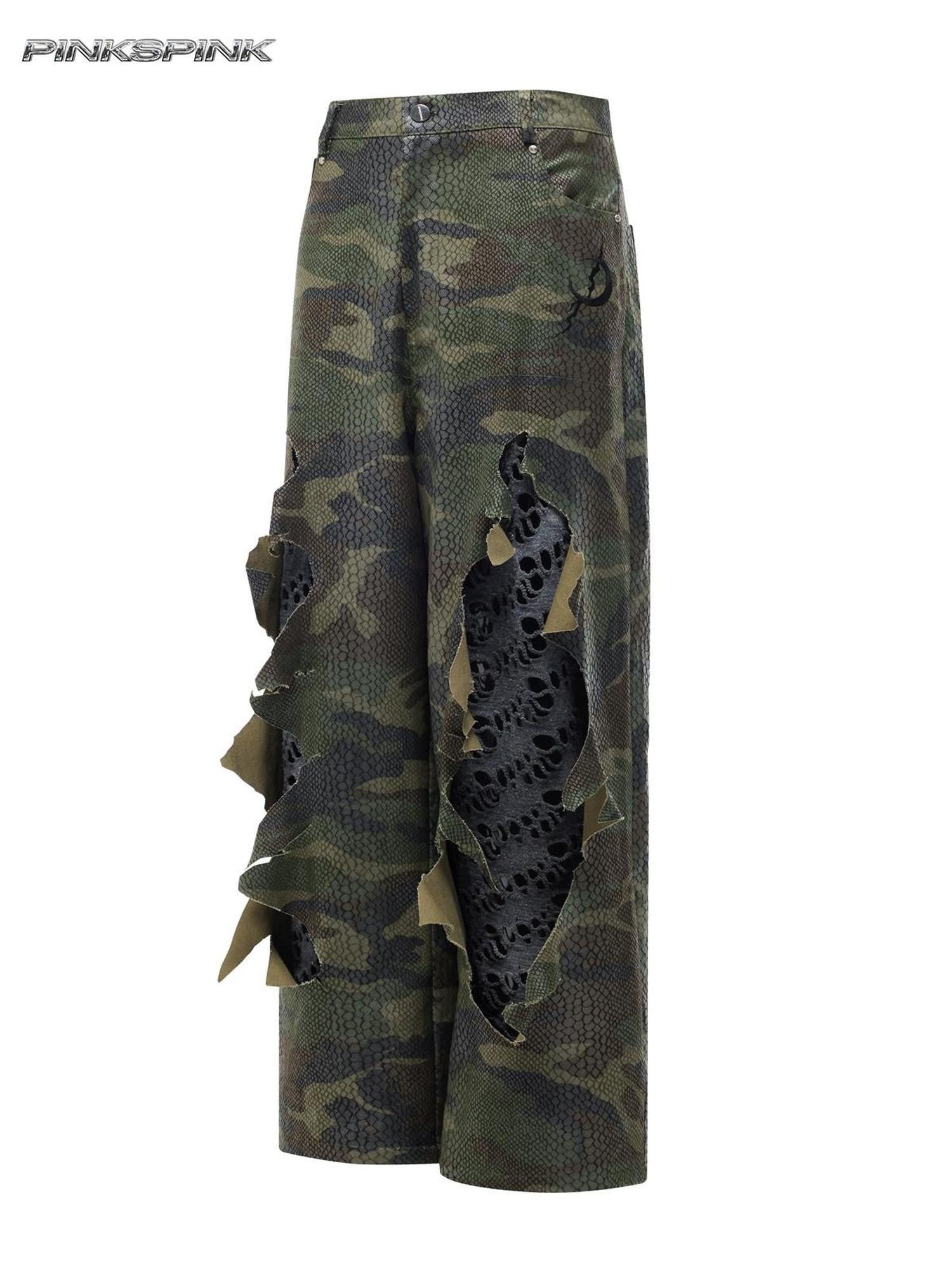 PINKSPINK Painted Camo Double Layer Stacked Distressed Low Waist Women's Denim Baggy Jeans