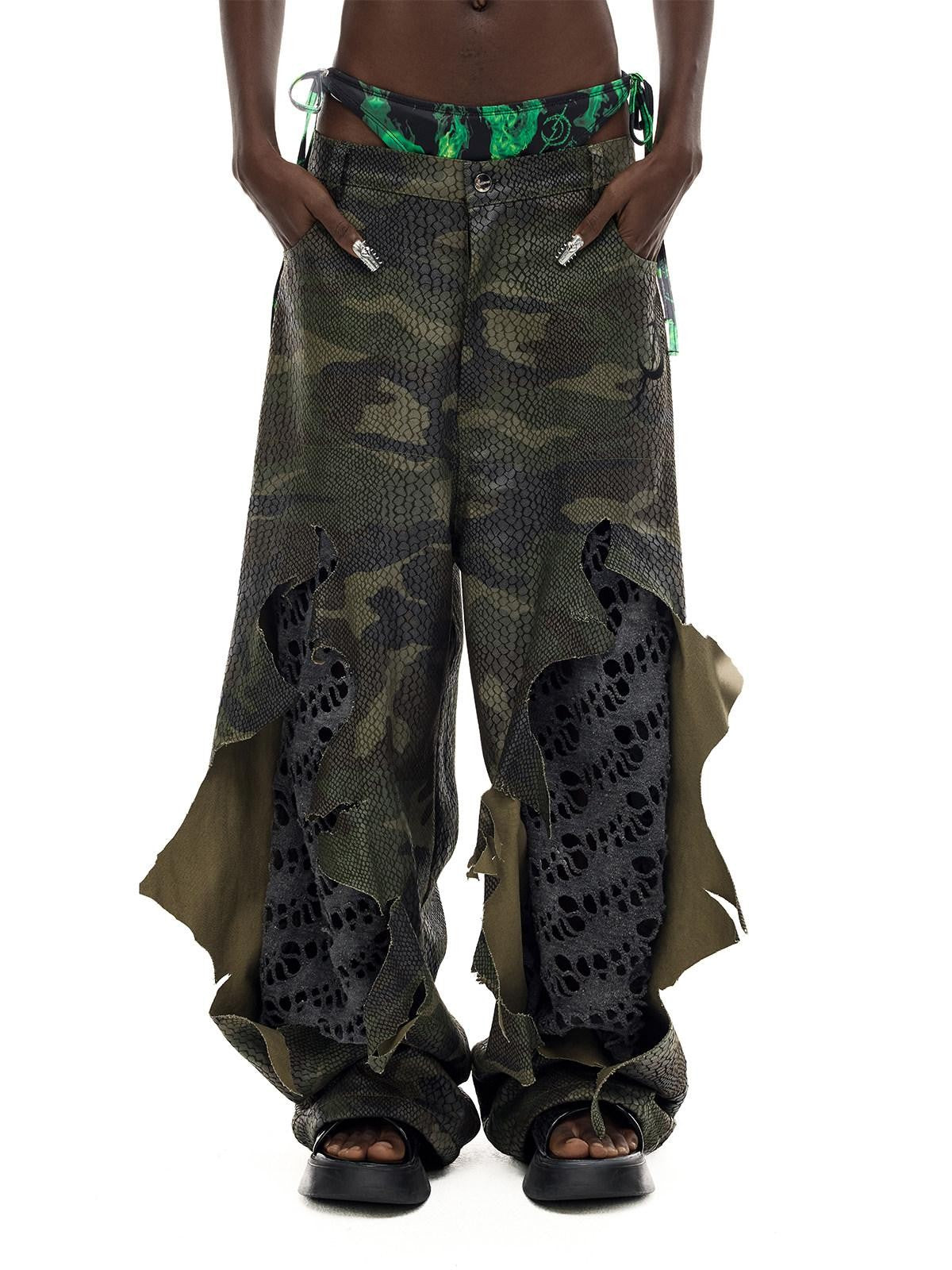 PINKSPINK Painted Camo Double Layer Stacked Distressed Low Waist Women's Denim Baggy Jeans