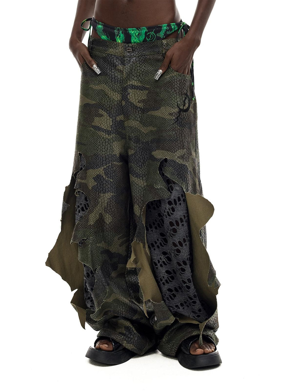 PINKSPINK Painted Camo Double Layer Stacked Distressed Low Waist Women's Denim Baggy Jeans