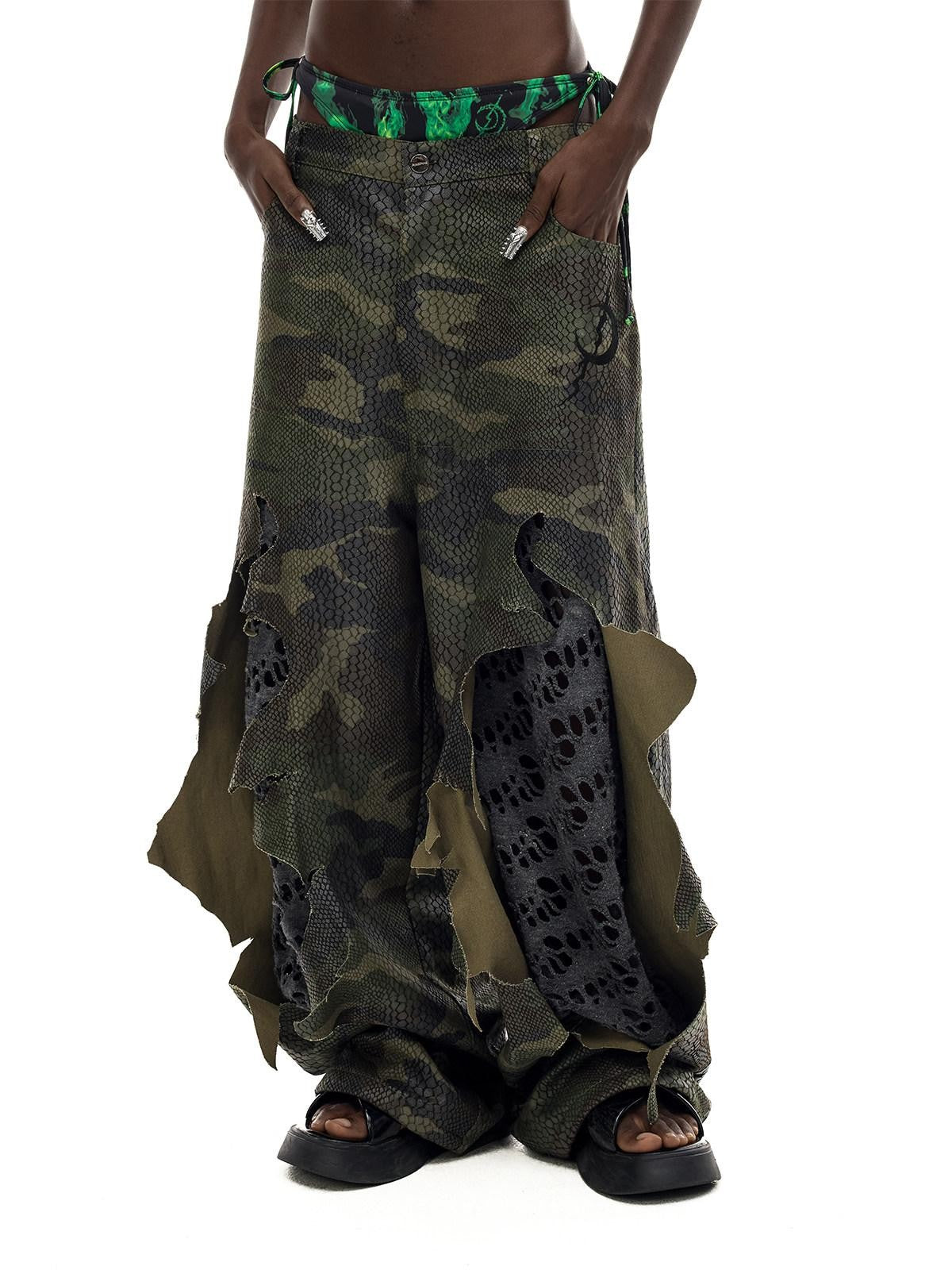 PINKSPINK Painted Camo Double Layer Stacked Distressed Low Waist Women's Denim Baggy Jeans