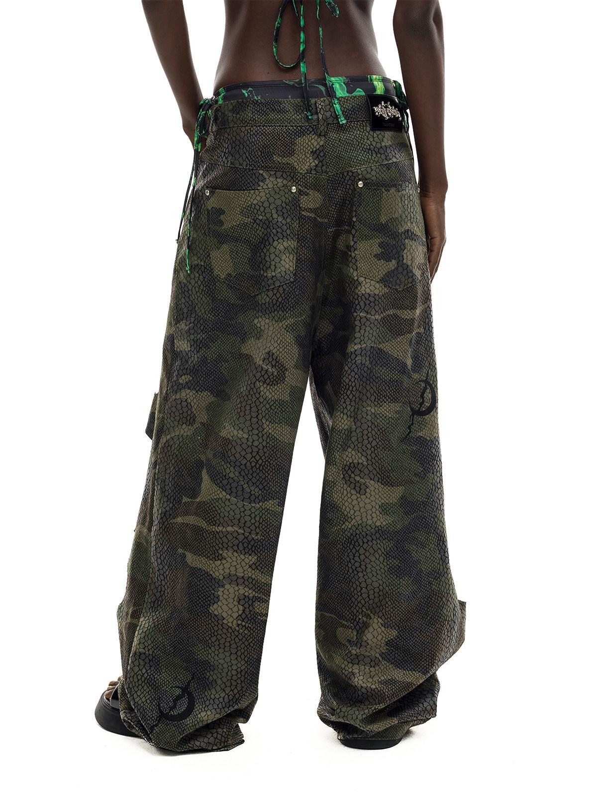 PINKSPINK Painted Camo Double Layer Stacked Distressed Low Waist Women's Denim Baggy Jeans