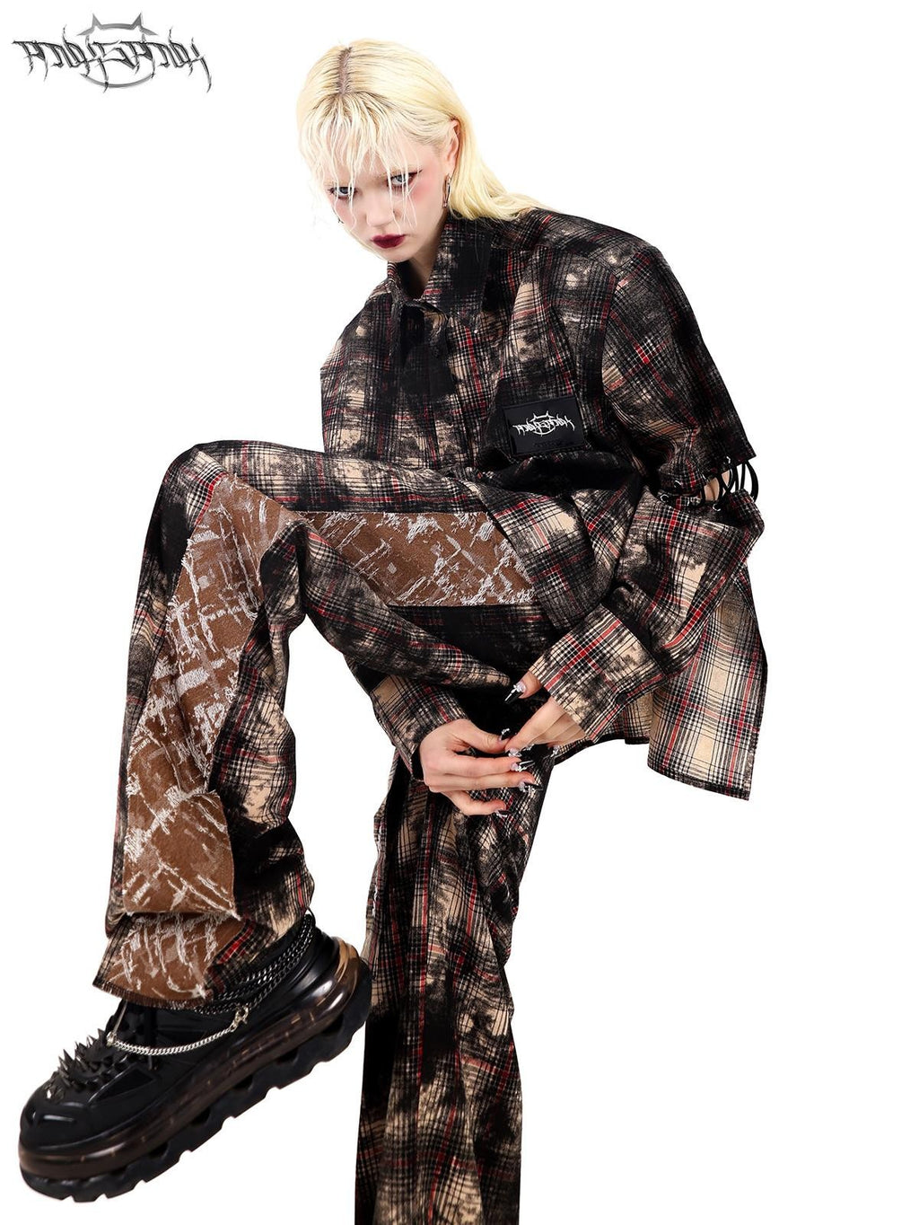 PINKSPINK Painted Coffee Plaid Patchwork Straight Dad Style Women's Wide-leg Pants