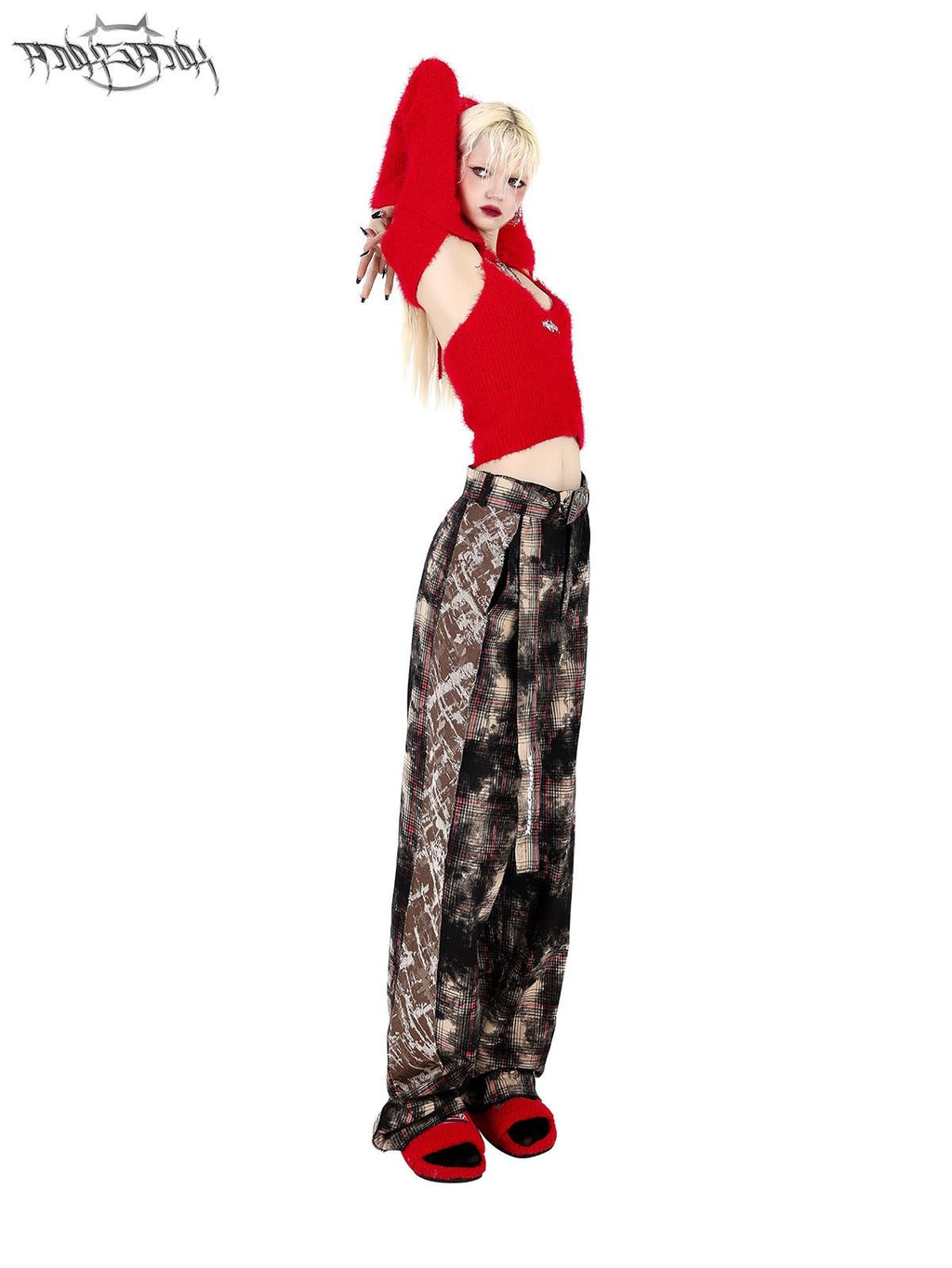 PINKSPINK Painted Coffee Plaid Patchwork Straight Dad Style Women's Wide-leg Pants