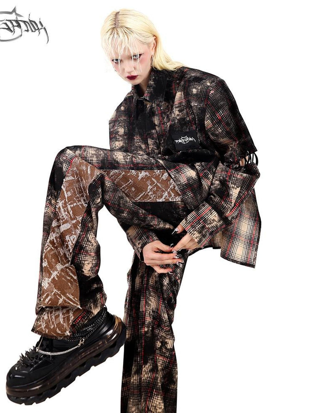 PINKSPINK Painted Coffee Plaid Patchwork Straight Dad Style Women's Wide-leg Pants