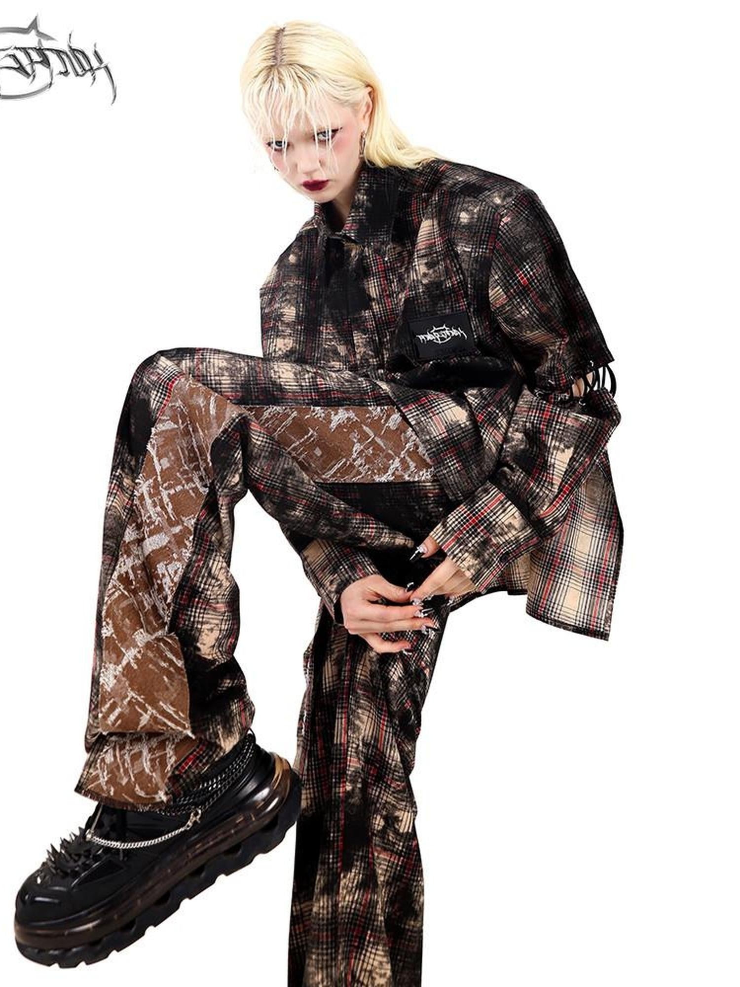 PINKSPINK Painted Coffee Plaid Patchwork Straight Dad Style Women's Wide-leg Pants