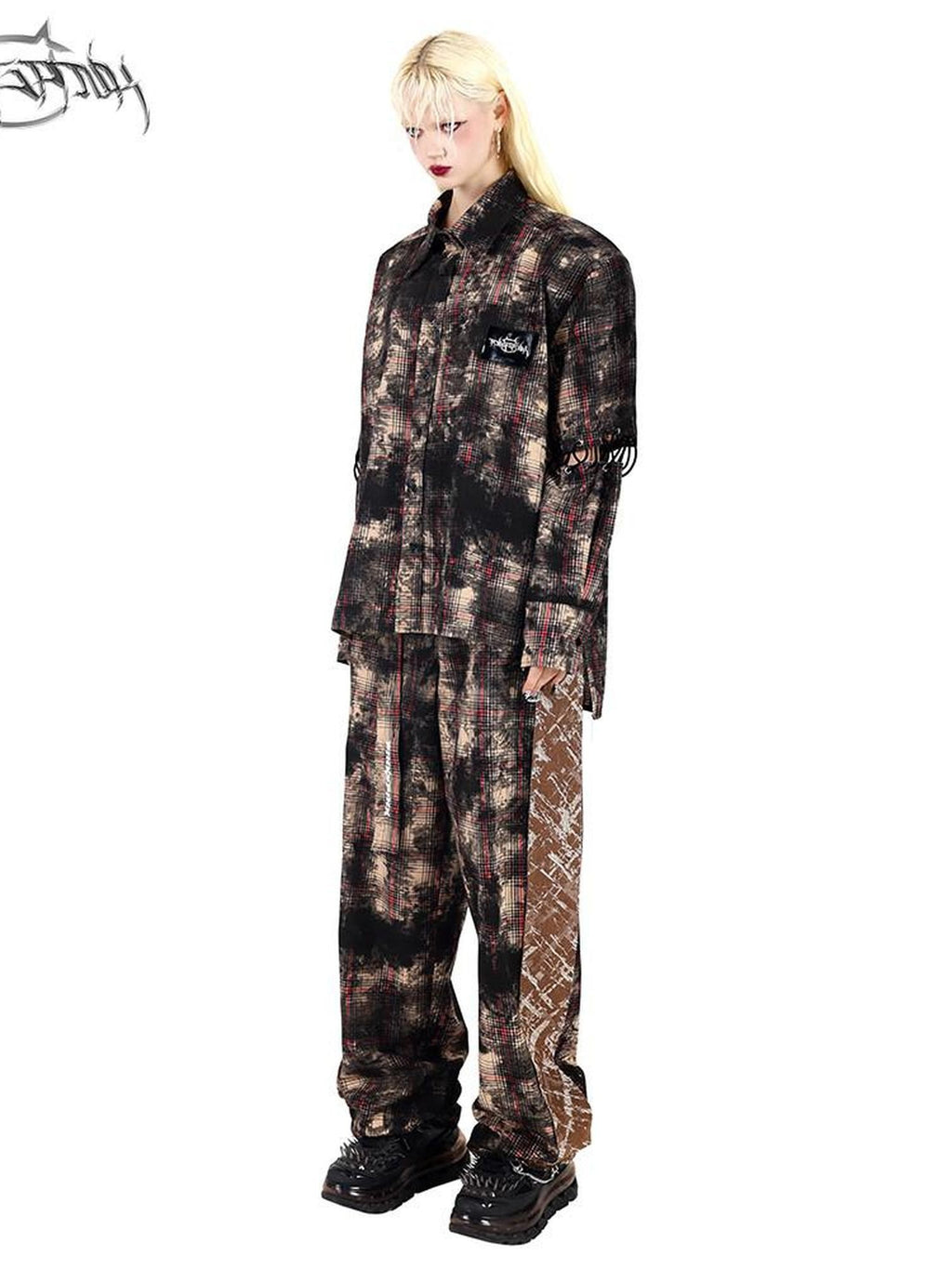 PINKSPINK Painted Coffee Plaid Patchwork Straight Dad Style Women's Wide-leg Pants