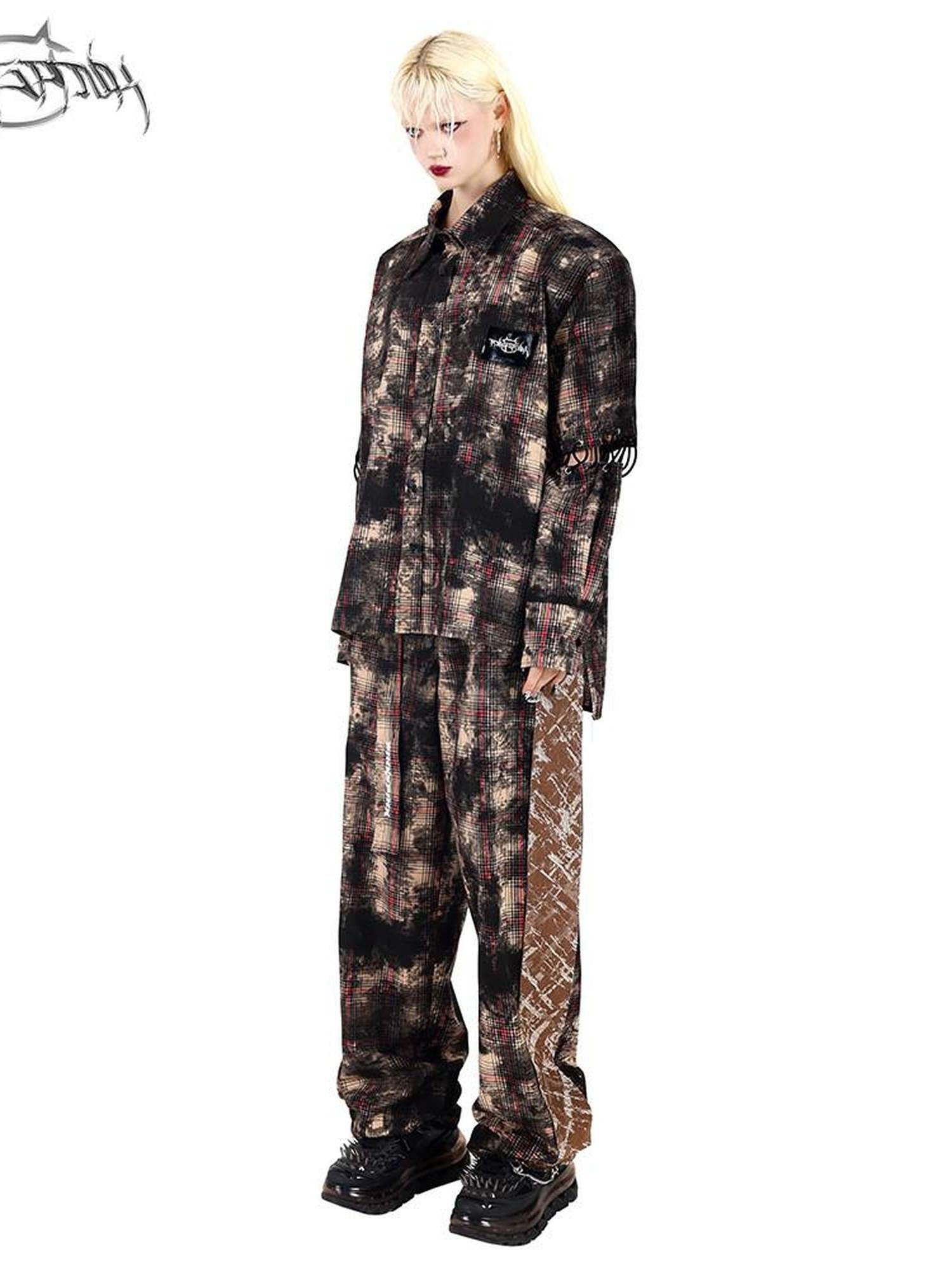 PINKSPINK Painted Coffee Plaid Patchwork Straight Dad Style Women's Wide-leg Pants