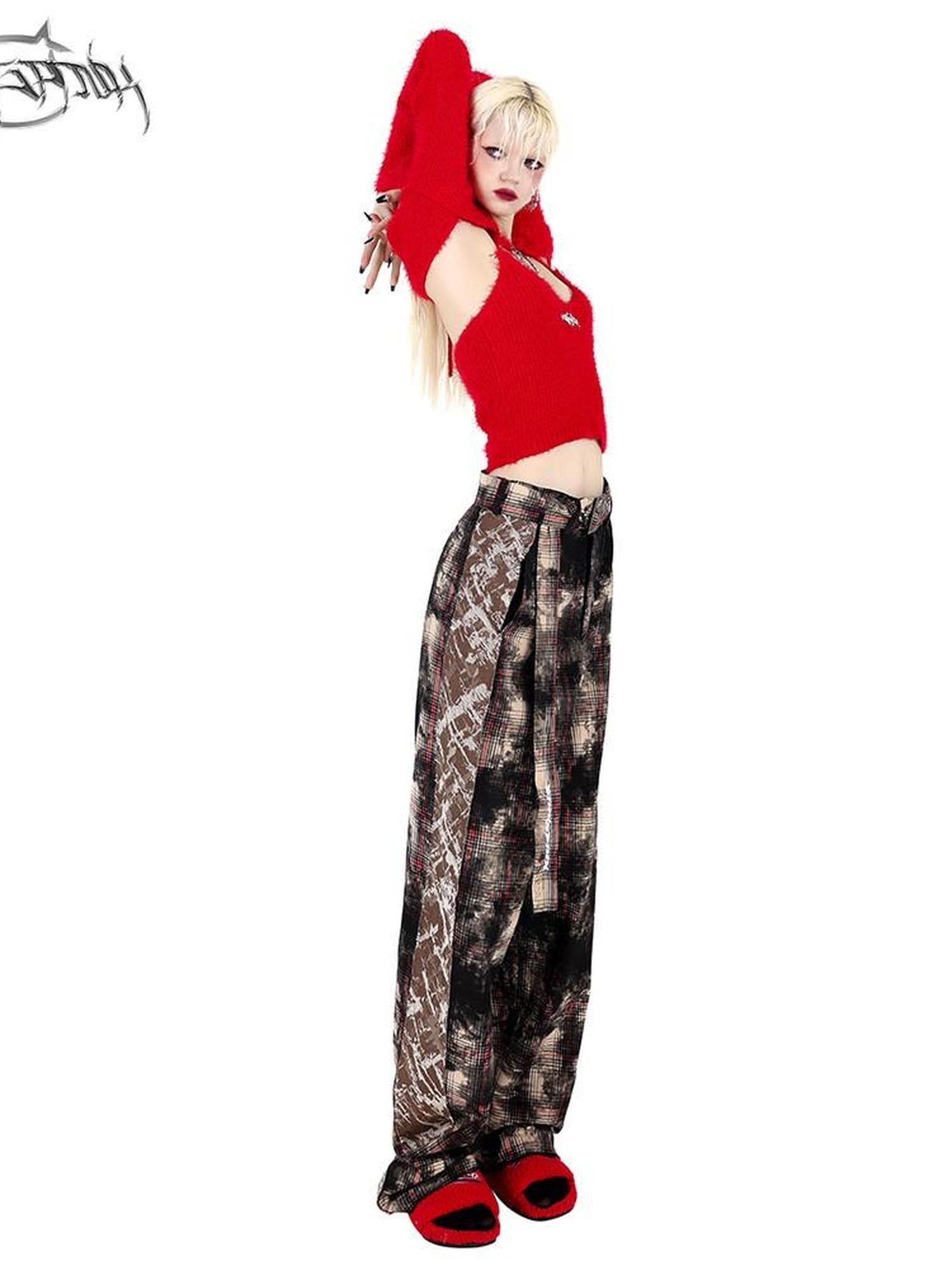 PINKSPINK Painted Coffee Plaid Patchwork Straight Dad Style Women's Wide-leg Pants