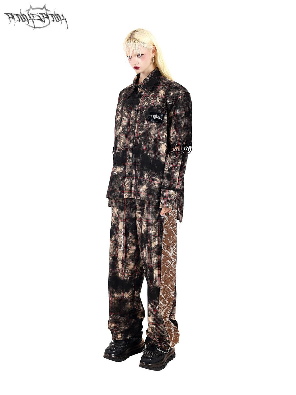 PINKSPINK Painted Coffee Plaid Patchwork Straight Dad Style Women's Wide-leg Pants