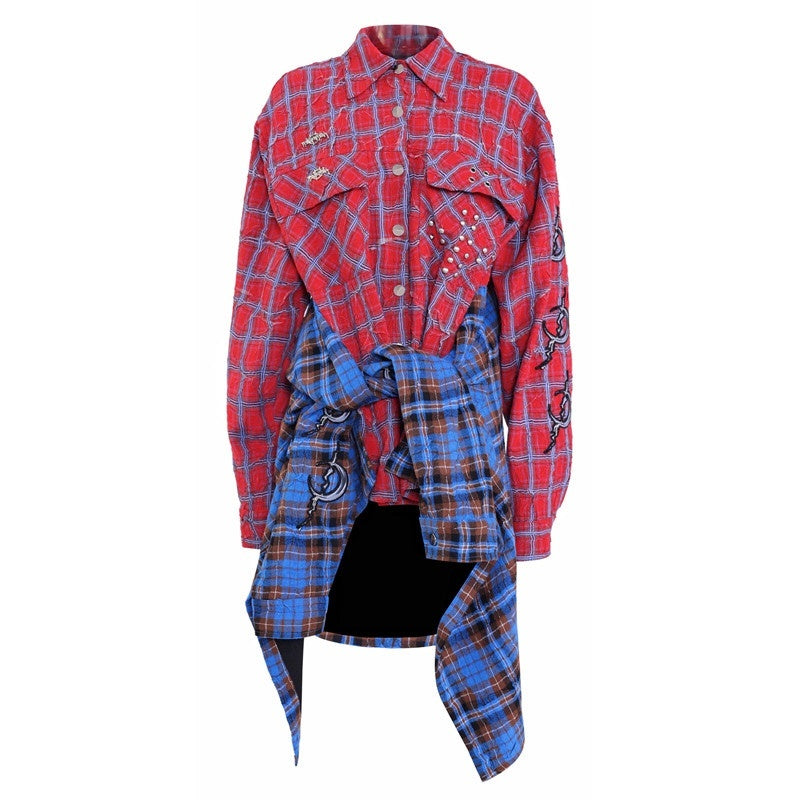 PINKSPINK_Patchwork_Embroidered_Studded_Asymmetric_Red_Blue_Plaid_Women's_Overshirts_824078930862_MISSTT