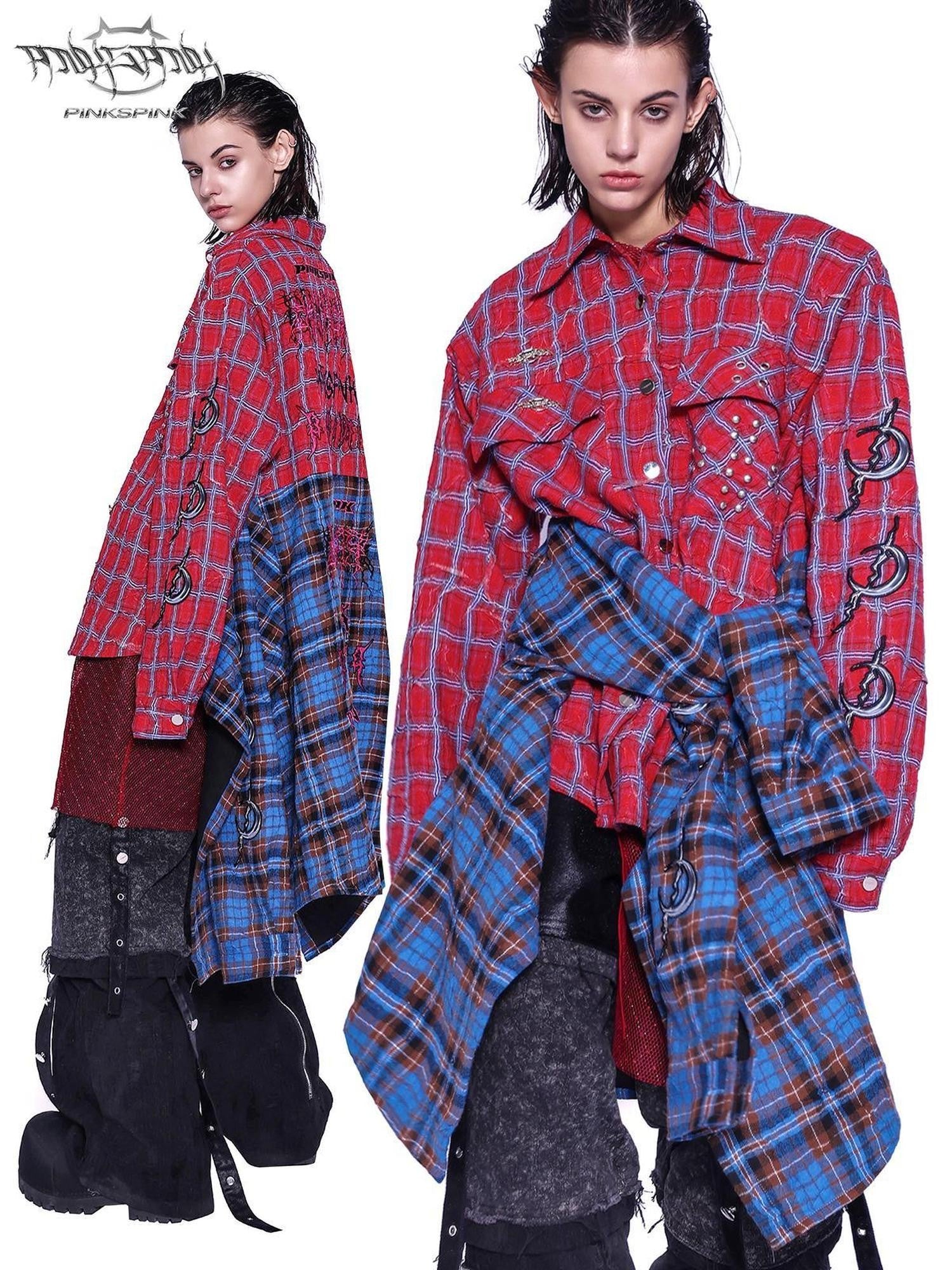 PINKSPINK Patchwork Embroidered Studded Asymmetric Red Blue Plaid Women's Overshirts