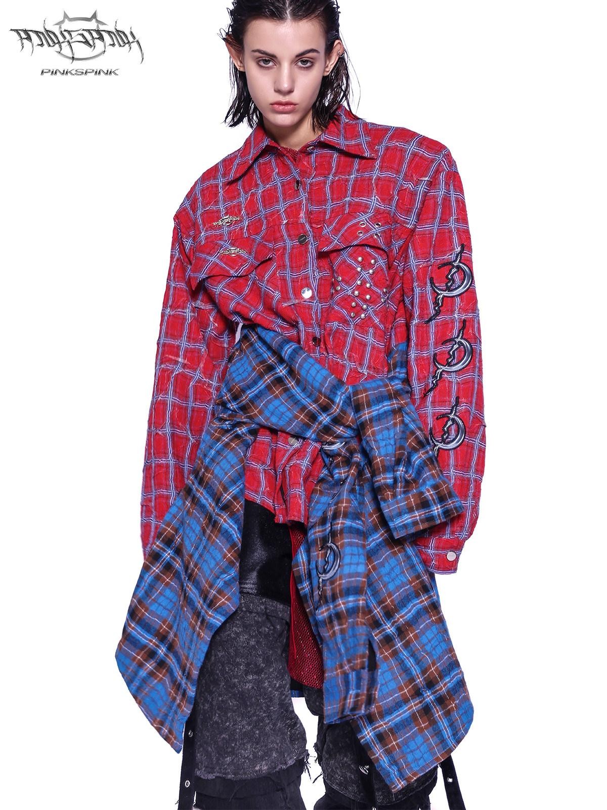 PINKSPINK Patchwork Embroidered Studded Asymmetric Red Blue Plaid Women's Overshirts
