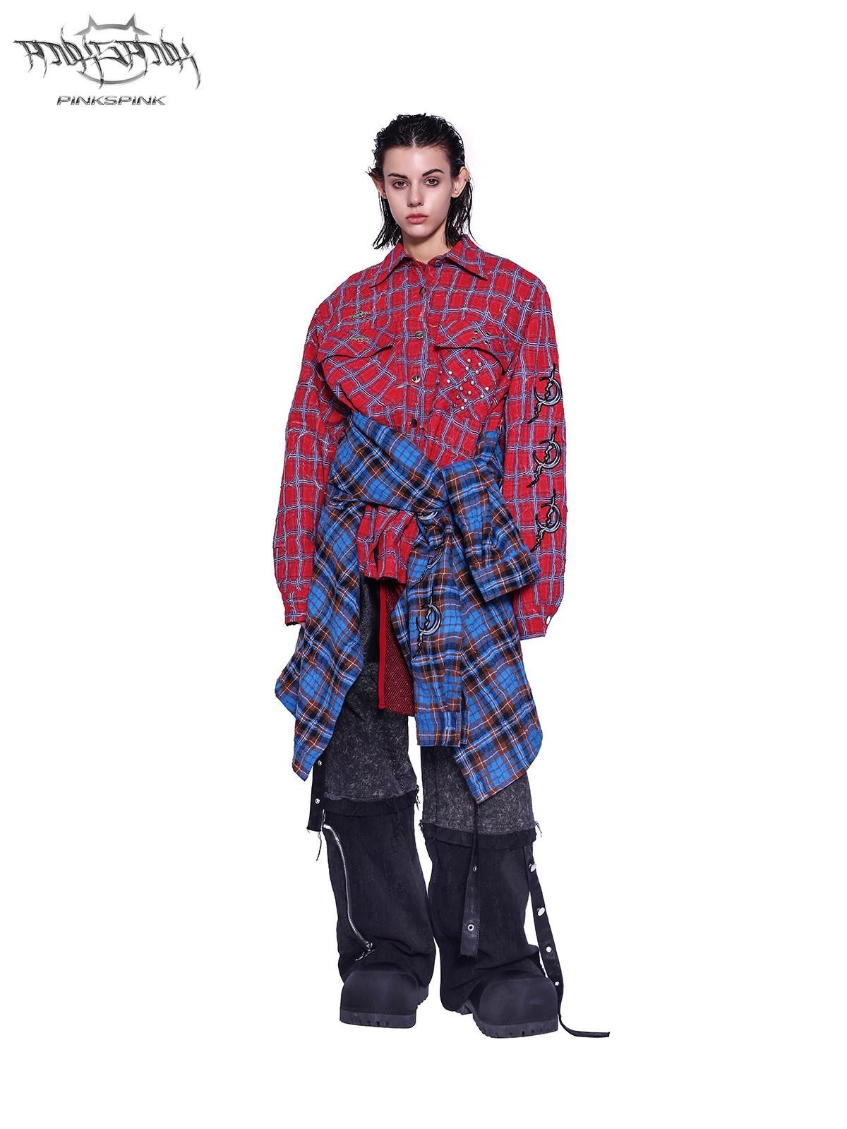 PINKSPINK Patchwork Embroidered Studded Asymmetric Red Blue Plaid Women's Overshirts