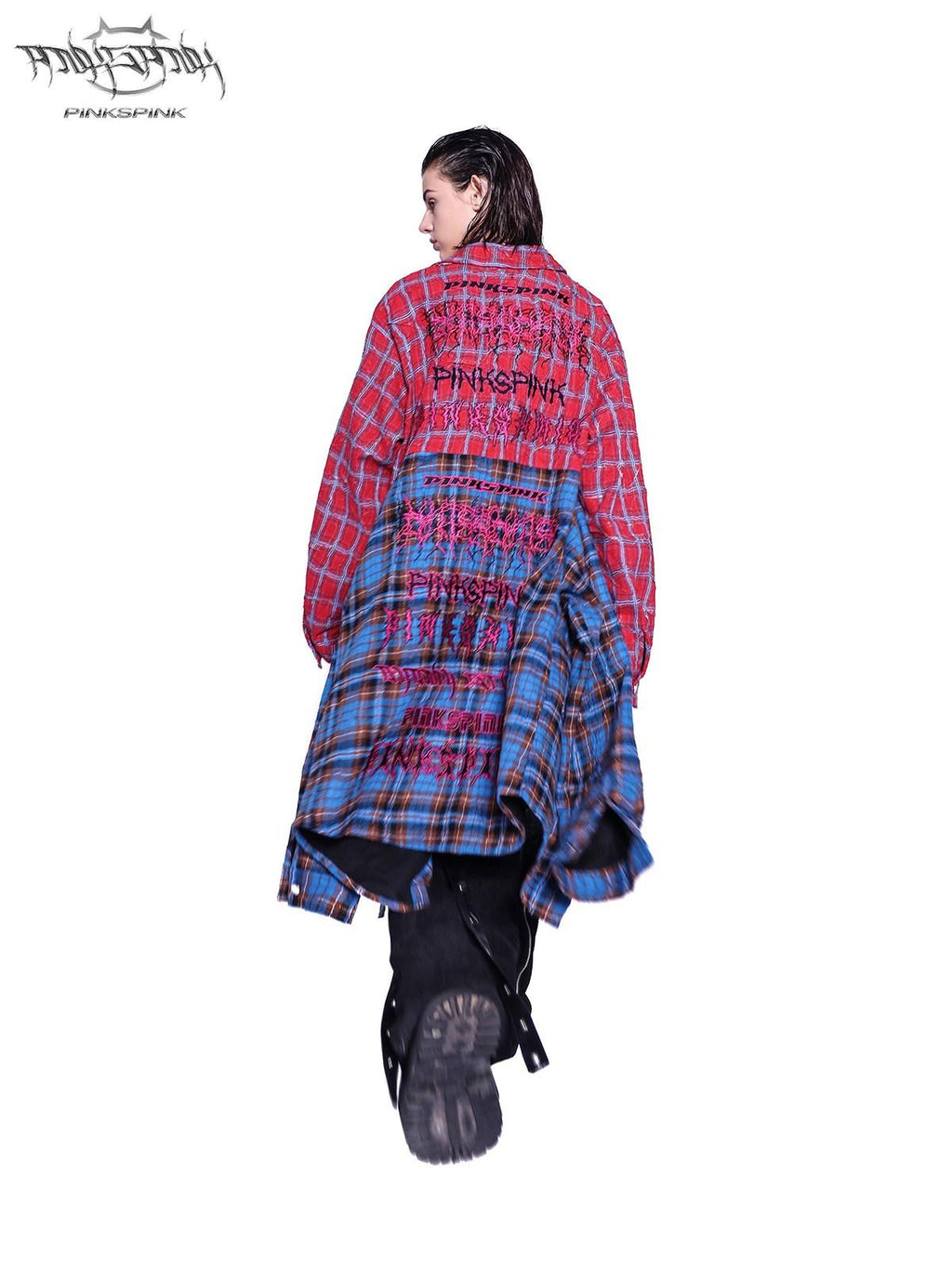PINKSPINK Patchwork Embroidered Studded Asymmetric Red Blue Plaid Women's Overshirts