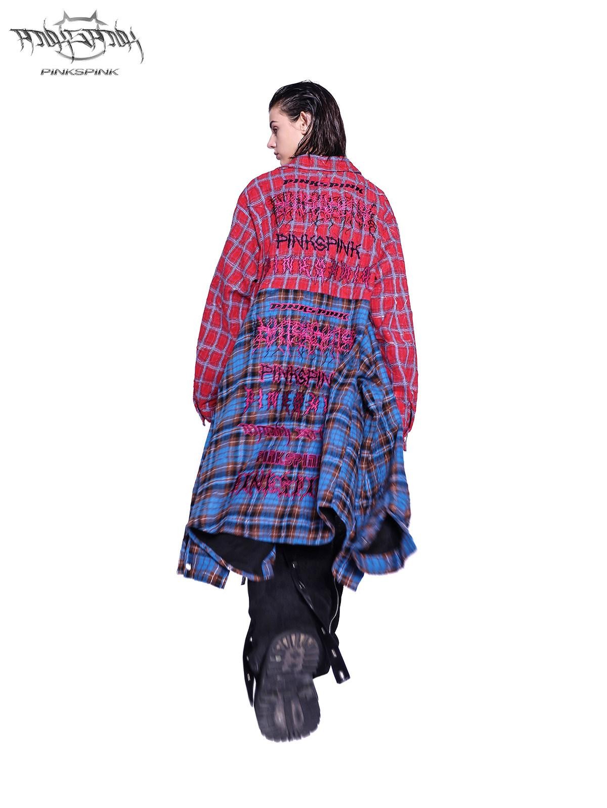 PINKSPINK Patchwork Embroidered Studded Asymmetric Red Blue Plaid Women's Overshirts