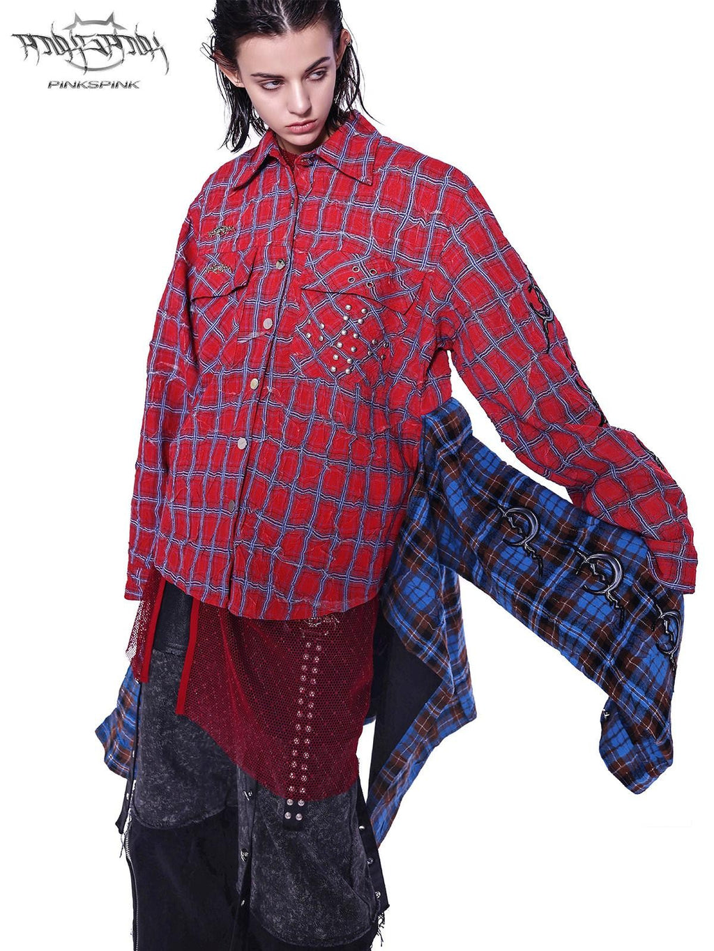 PINKSPINK Patchwork Embroidered Studded Asymmetric Red Blue Plaid Women's Overshirts