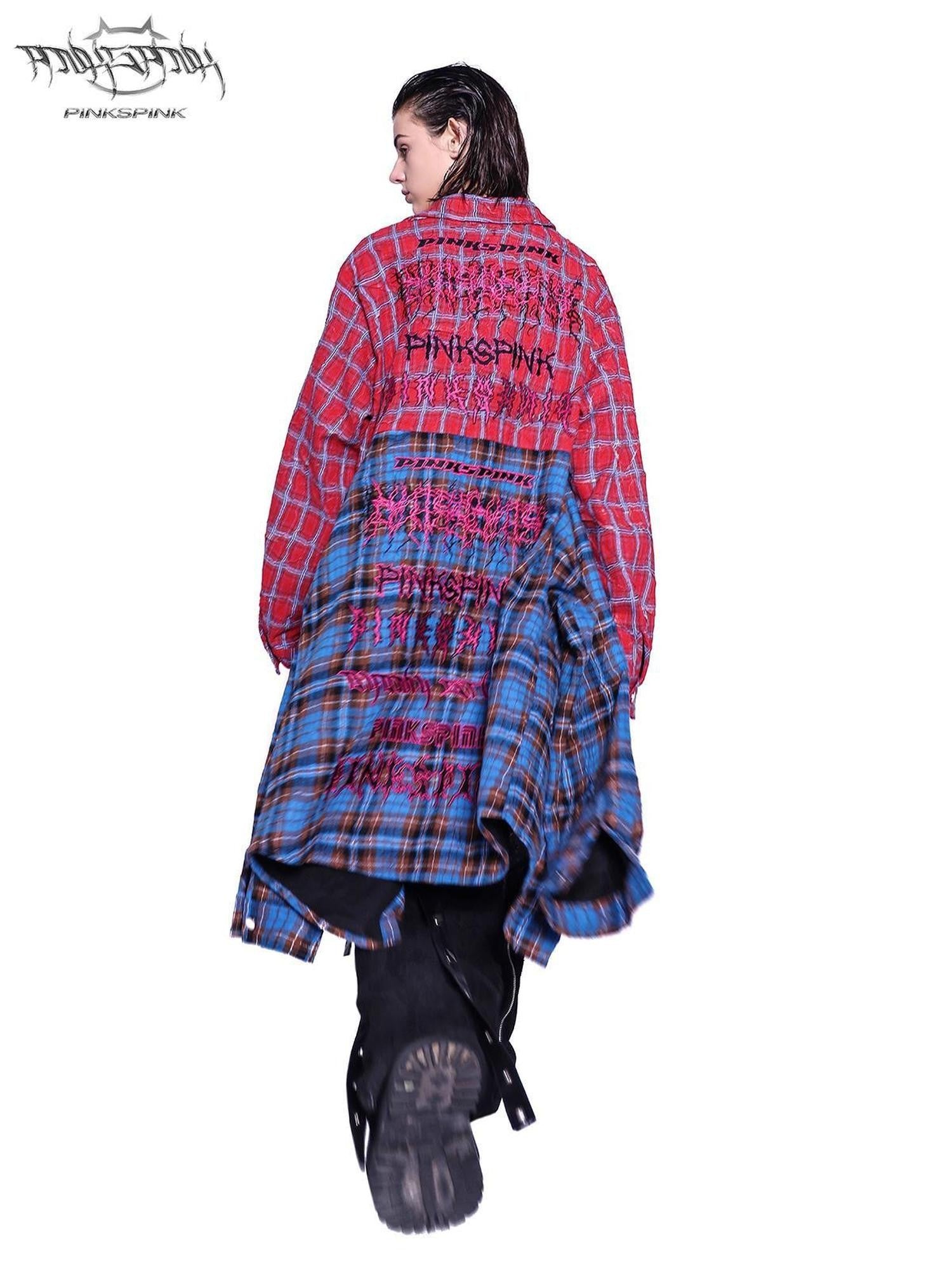 PINKSPINK Patchwork Embroidered Studded Asymmetric Red Blue Plaid Women's Overshirts
