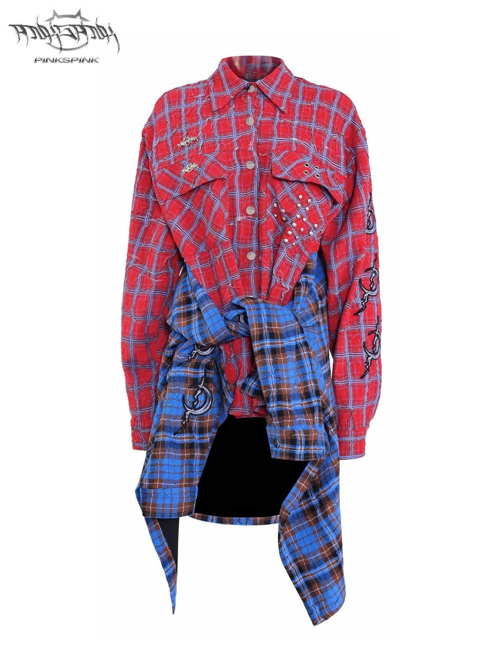 PINKSPINK Patchwork Embroidered Studded Asymmetric Red Blue Plaid Women's Overshirts