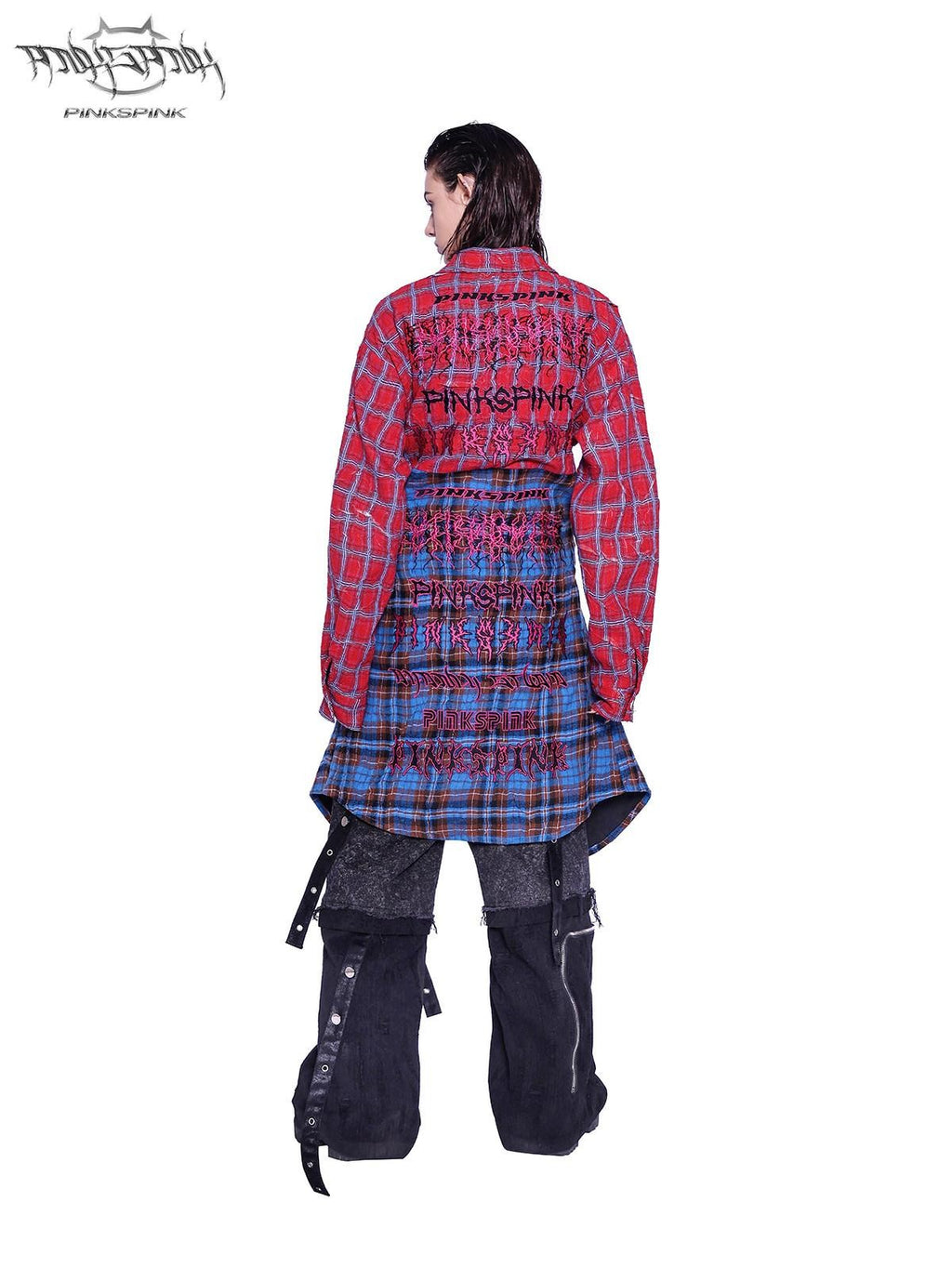 PINKSPINK Patchwork Embroidered Studded Asymmetric Red Blue Plaid Women's Overshirts