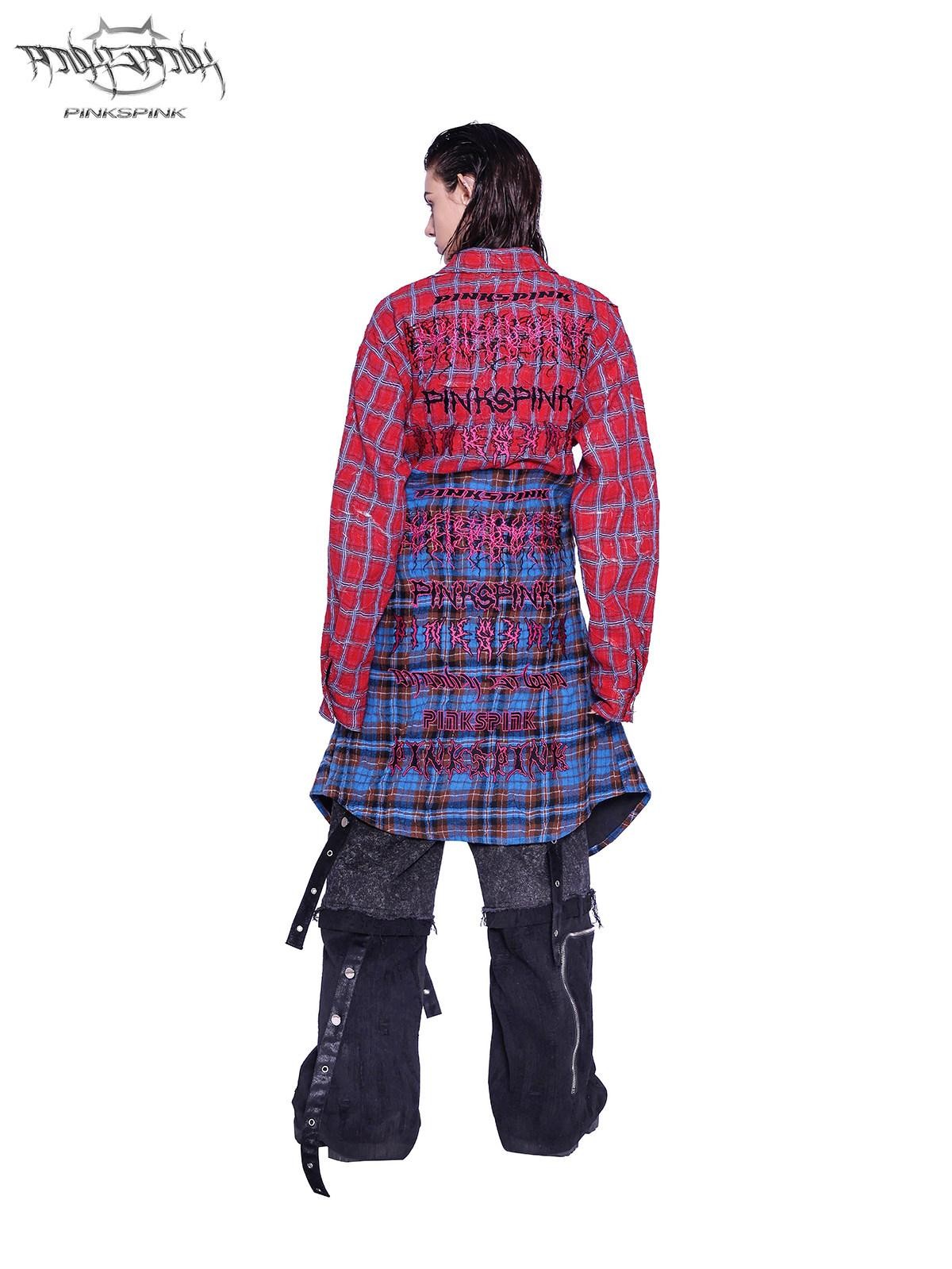 PINKSPINK Patchwork Embroidered Studded Asymmetric Red Blue Plaid Women's Overshirts