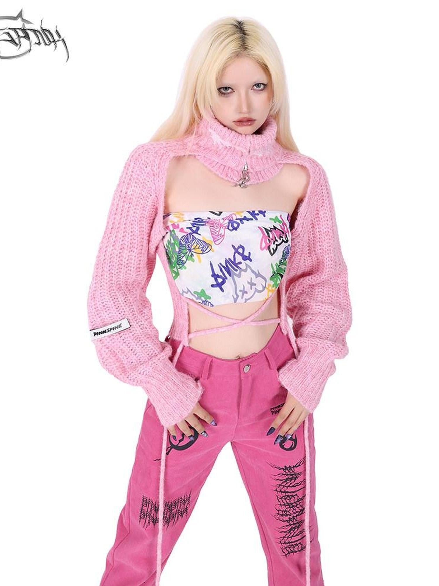 PINKSPINK Pentagram Cutout Double Zipper Tie Women's Acrylic Turtleneck Sweaters