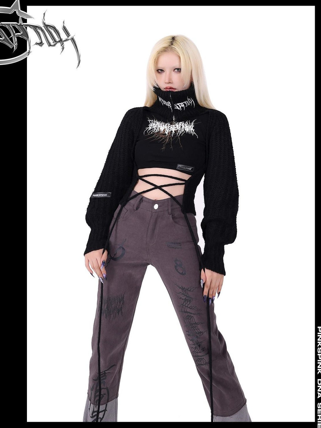 PINKSPINK Pentagram Cutout Double Zipper Tie Women's Acrylic Turtleneck Sweaters